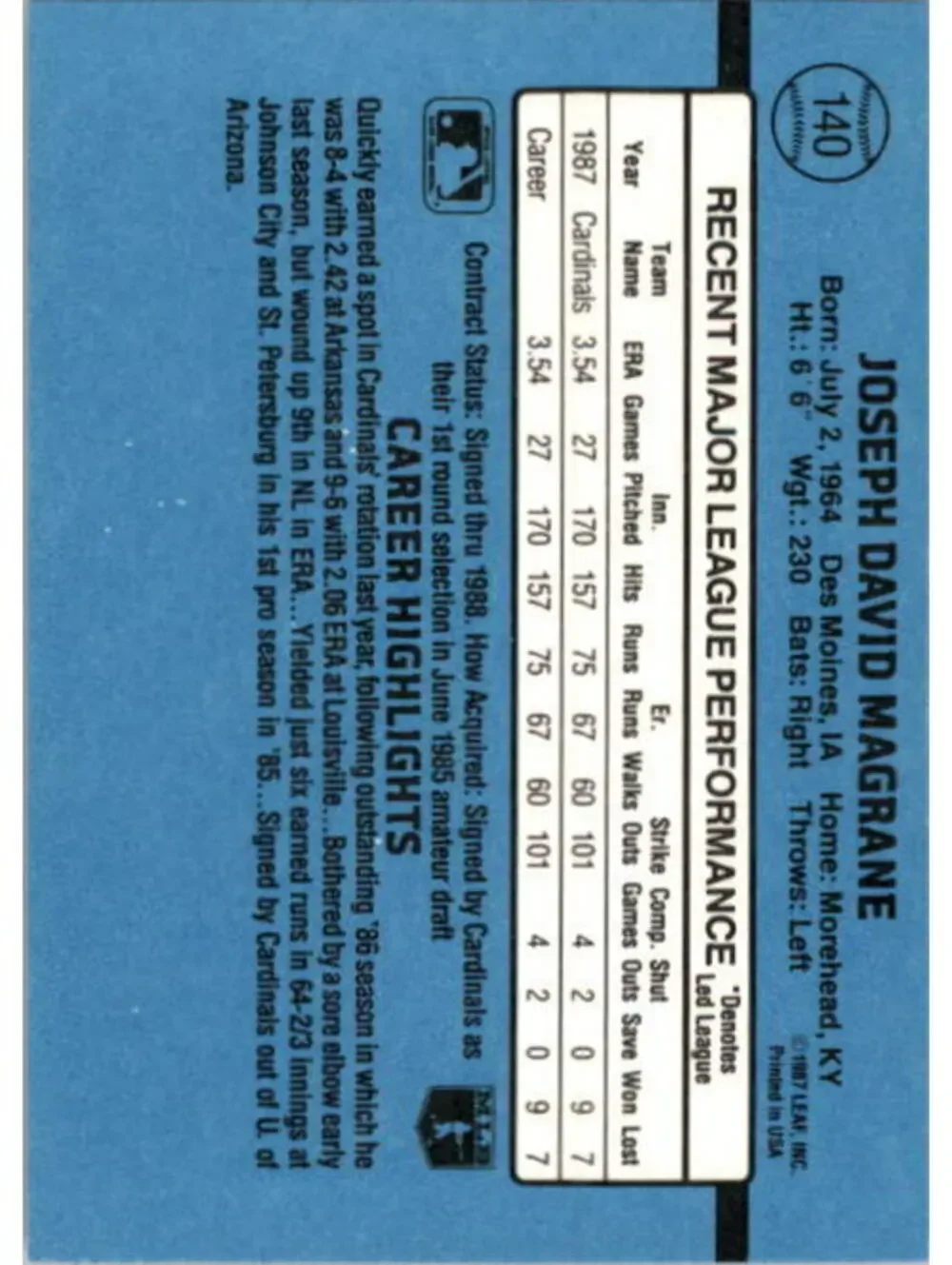 1988 Joe Magrane Donruss Baseball Card #140